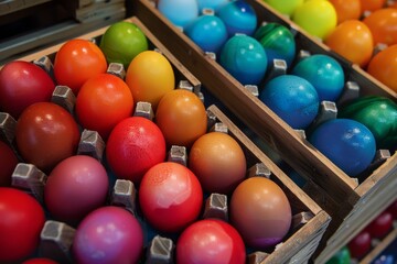 This photo showcases brightly dyed Easter eggs placed in a wooden carton, symbolizing festive traditions