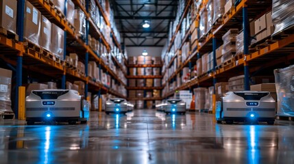 Software robots performing tasks in a warehouse with endless pallets of boxes and storage. An advanced robot factory with assembly lines and AI workers. Digital concept. Generative ai