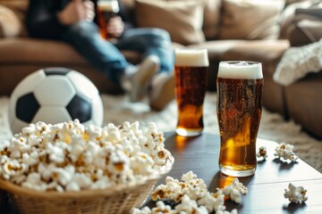 Cozy living room scene with beer glasses and popcorn on a table, a soccer ball, and a game on TV in the background - obrazy, fototapety, plakaty