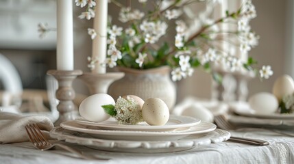 Fototapeta na wymiar Beautiful Easter table setting with eggs and spring flowers. Modern light home interior, white eggs, holiday decorations, spring flowers, sunlight. Generative ai