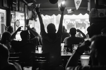 Fototapeta na wymiar Monochrome image capturing the excitement of a crowd watching a game in a bar