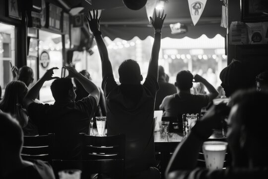 Monochrome image capturing the excitement of a crowd watching a game in a bar