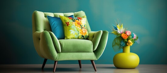 A modern green armchair with colorful pillows sits next to a yellow vase filled with vibrant flowers, creating a pop of color in the room.
