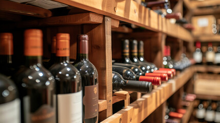 A collection of wine bottles neatly displayed on wooden shelves in a cozy wine cellar, creating an elegant and inviting atmosphere for a special event