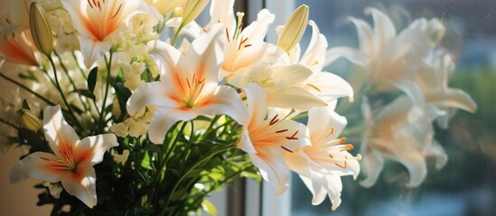 A vase filled with a beautiful arrangement of white and orange flowers sitting on a windowsill. The sunlight illuminates the delicate petals and leaves, creating a stunning display of color and nature