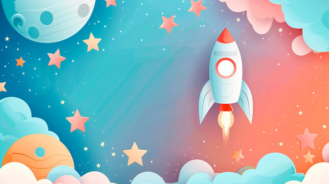 2D illustration of outer space with a rocket, stars, planets and abstract clouds lining the office with free space in the center of the banner