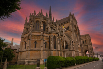 Colorful sunset sky over magnificent architectural masterpiece Arundel Cathedral - obrazy, fototapety, plakaty