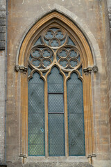 Remarkable details of the Arundel Cathedral Gothic window with pointed arch