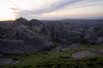 Obraz premium Idyllic landscape. View of a single black cow grazing in the rocky hills with a magical sunset light.