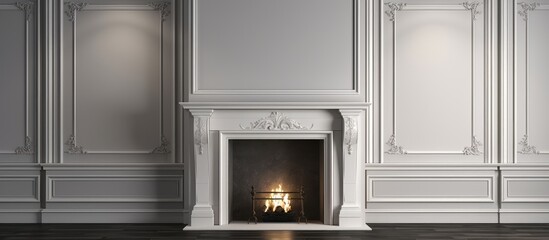 A room featuring a large traditional fireplace without a fire, set against white walls. The mantlepiece is empty with a mockup shelf, creating a minimalist and clean aesthetic.