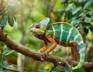 Camaleon caminando en una rama de un arbol en la selva