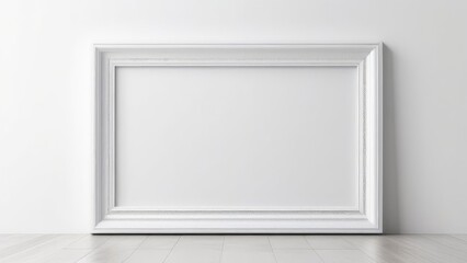 White blank frame on white wall. Mockup, white empty room. Minimalistic interior.