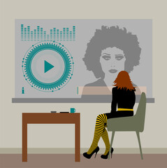 Vektor Darstellung - Moderne junge Frauen im Meeting Projekt - Kreatives Hybrid Brainstorming Online - Moderner Arbeitsplatz