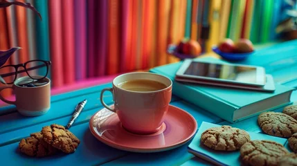 Selbstklebende Fototapeten snack chocolate pastry table mug delicious. © muhmmad