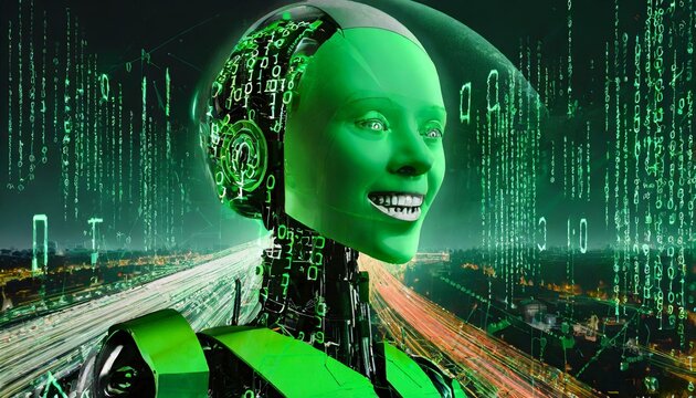 Illustration of an Artificial Intelligence represented in humanoid form that lost control and became very dangerous or was used by malicious human beings to commit evil.
