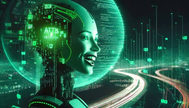 Illustration of an Artificial Intelligence represented in humanoid form that lost control and became very dangerous or was used by malicious human beings to commit evil.
