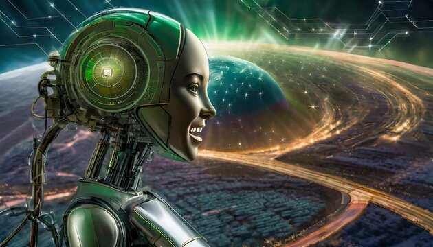 Illustration of an Artificial Intelligence represented in humanoid form that lost control and became very dangerous or was used by malicious human beings to commit evil.
