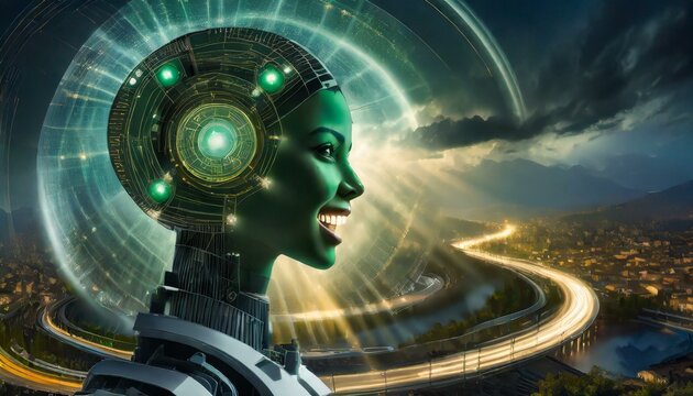 Illustration of an Artificial Intelligence represented in humanoid form that lost control and became very dangerous or was used by malicious human beings to commit evil.
