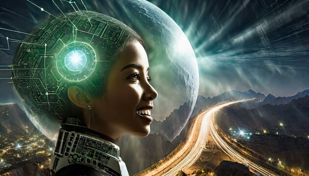 Illustration of an Artificial Intelligence represented in humanoid form that lost control and became very dangerous or was used by malicious human beings to commit evil.
