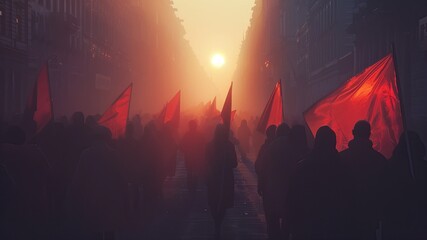 Fototapeta na wymiar Labor Day unity: Diverse crowd, red flags emerge through fog in realistic film photo. Atmospheric details, lens flare add impactful realism.