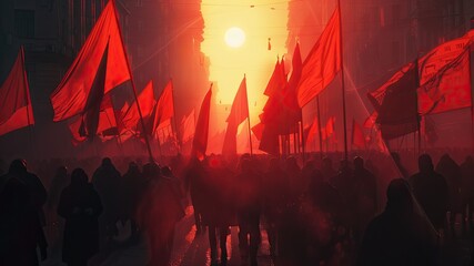 Labor Day unity: Diverse crowd, red flags emerge through fog in realistic film photo. Atmospheric details, lens flare add impactful realism.