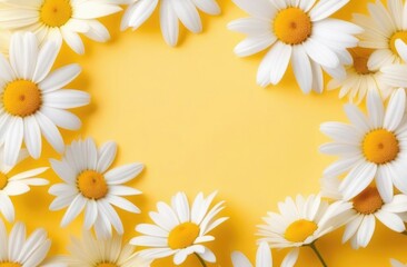 White daisies on yellow background. A frame made of flowers. There is place for text in middle.