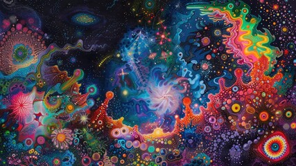 Explore cosmic realms: Abstract space background, meditation's spiritual connection, vibrant colors, surreal night lighting storm pattern. Internal discovery, psilocybin-inspired surreal artwork.