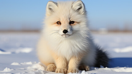 Fototapeta premium Fox on the winter forest meadow, with white snow. Red Fox hunting, Wildlife scene from Europe. Orange fur coat animal in the nature habitat.