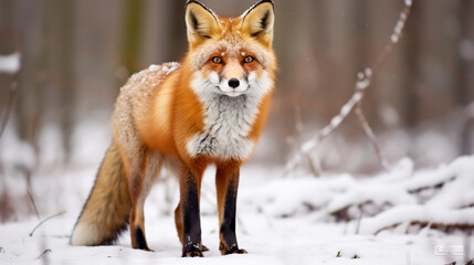 Fototapeta premium Fox on the winter forest meadow, with white snow. Red Fox hunting, Wildlife scene from Europe. Orange fur coat animal in the nature habitat.