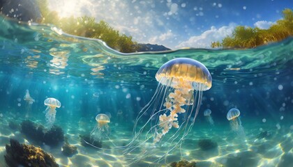 Grupo de medusas debajo del agua en una playa remota