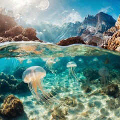 Grupo de medusas debajo del agua en una playa remota - obrazy, fototapety, plakaty