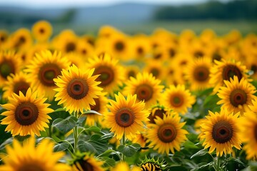 Fototapeta premium beautiful field or bright yellow sunflowers 