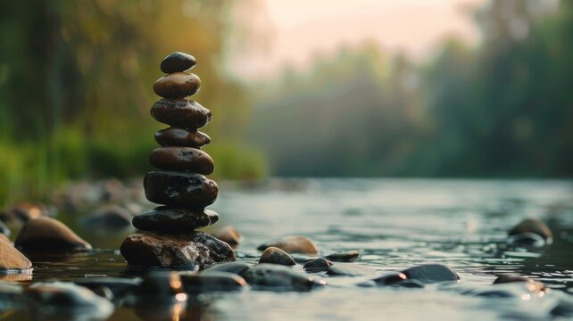 Zen stones in a river, a set of stacked rocks in a river, zen stones in a river and blurred trees in the background, copy space