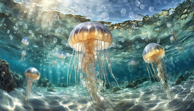 Grupo de medusas debajo del agua en una playa remota