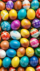 Fototapeta na wymiar Colourful background of easter eggs collection, easter celebration, easter egg patterns, springtime joy, festive surprise, easter gift, vibrant eggs