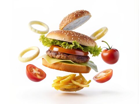 Flying ingredients of a classic cheeseburger sesame bun, onion rings, tomato slices and a juicy barbecue cutlet on a white background.