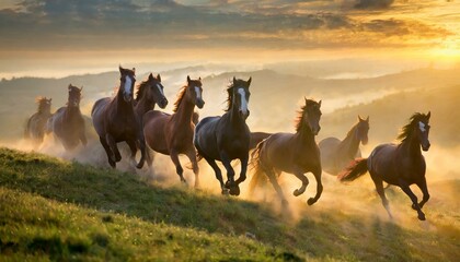 Grupo de caballos galopando en campo