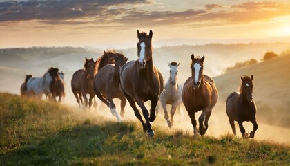 Grupo de caballos galopando en campo - obrazy, fototapety, plakaty