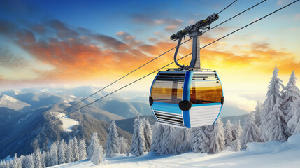 New modern spacious big cabin ski lift gondola against snowcapped forest tree and mountain peaks covered in snow landscape - obrazy, fototapety, plakaty