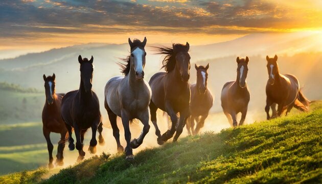 Grupo de caballos galopando en campo