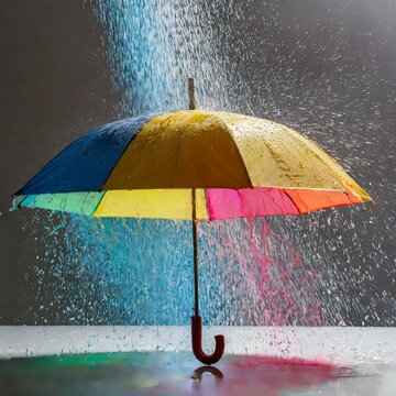 An advertising photograph captures rain splashing on an umbrella, illuminated by vibrant studio lighting