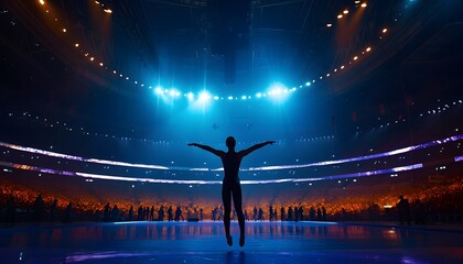 silhouette of person performing on large stage with bright blue lights talented performer 
