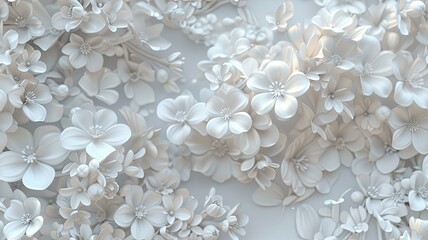 a highly detailed 3D representation of elegant spring florals in a white color scheme. SEAMLESS PATTERN.