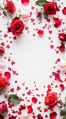 Top view Valentine's Day concept. Flowers composition and round frame made of rose flowers and confetti on white background with copy space.