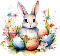Easter illustration, rabbit, Easter eggs , watercolor illustration, decoration
