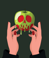 Witch holding poisoned red apple coated in skull poison. Snow white Halloween concept