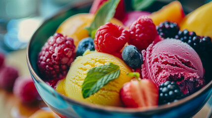 Close-up of a gourmet gelato bowl with vibrant fruit sorbets, garnished with fresh berries and mint leaves