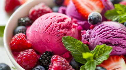 Close-up of a gourmet gelato bowl with vibrant fruit sorbets, garnished with fresh berries and mint leaves