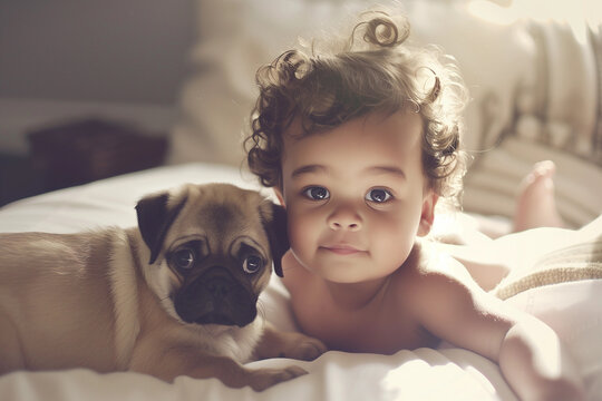 Portrait of little cute black baby boy and his pet puppy pug