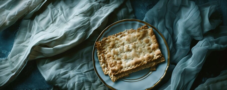 top view of matza and plate with happy passover greeting, jewish Passover holiday concept